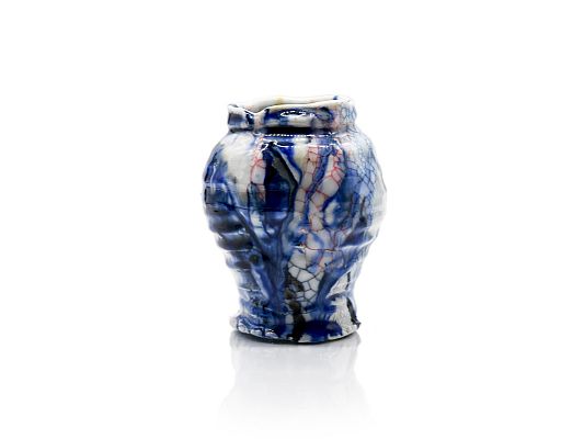  - Small white porcelain tsubo jar with applied urushi lacquer