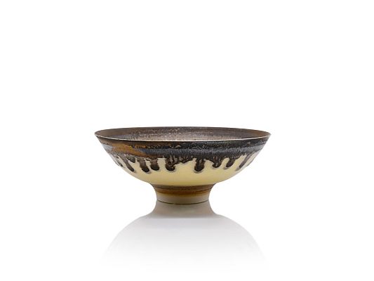 Peter Wills - Small Cream Bowl with Ash Glaze Centre, Bronze Rim and Band