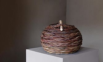 Large Scale Oval Herringbone Weave Basket with Hazel Handle by Sue Kirk