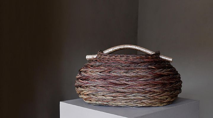 Sue Kirk - Large Scale Oval Herringbone Weave Basket with Hazel Handle