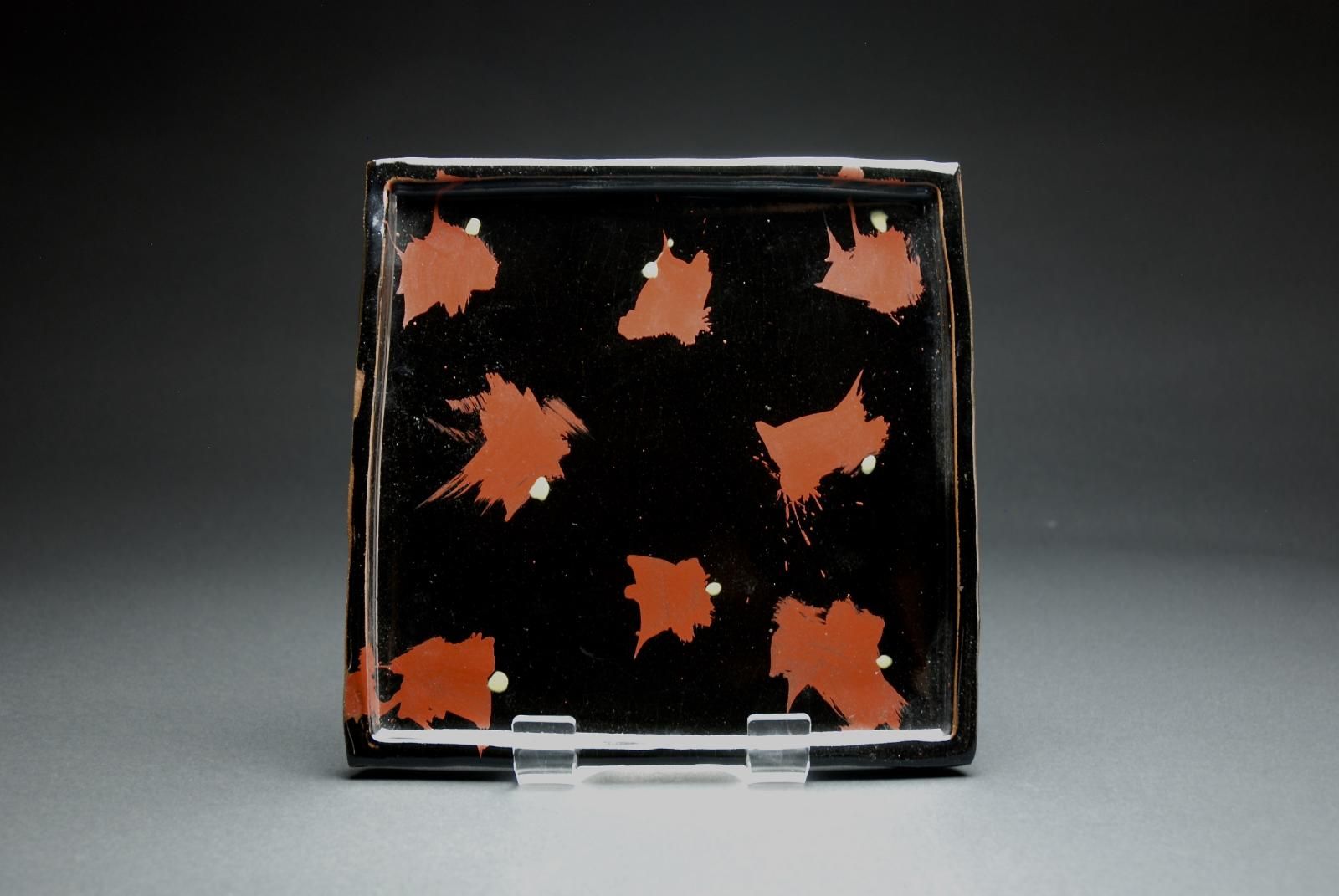 Black Glazed Square Dish with Akae Decoration.Signed Wooden Box. by Tomoo Hamada