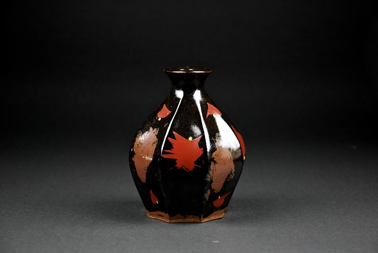 Black Glazed Vase with Akae Decoration with Signed Wooden Box by Tomoo Hamada