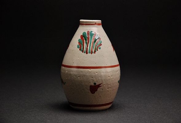 Tomoo Hamada - Natural Glazed Vase with Akae Decoration.  Signed Wooden Box...