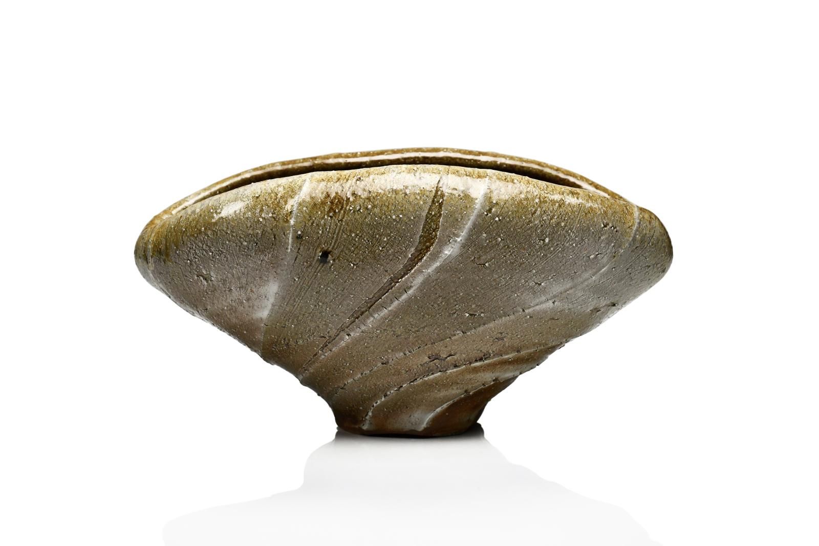 Spiral Vase Form Bizen Clay Body, Anagama Fired with Heavy Pine Wood AshSigned Wooden Box by Kazuya Ishida