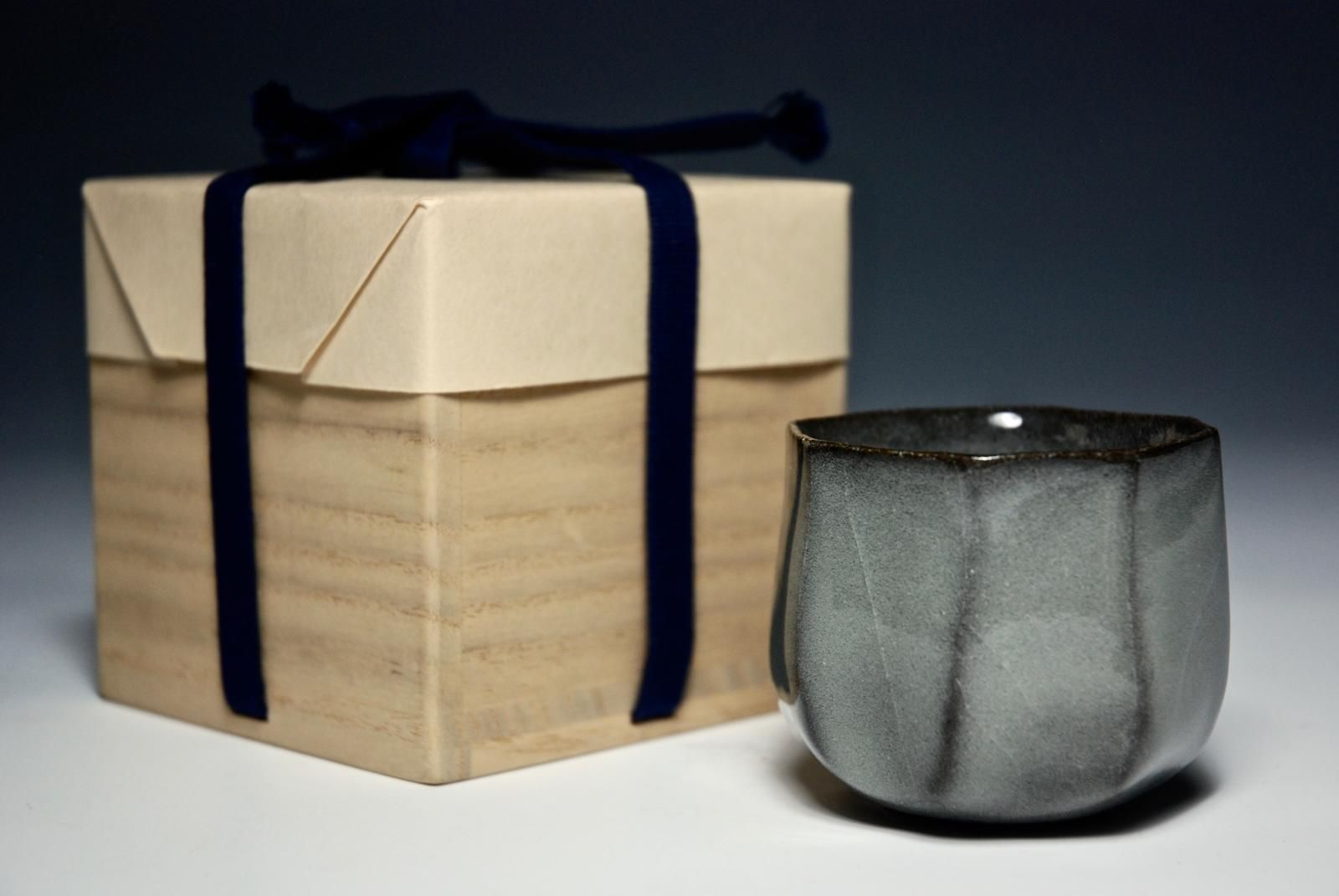 Guinomi.  Anagama wood fired in a saggar with celadon glaze.Signed wooden box by Akihiko Watanabe