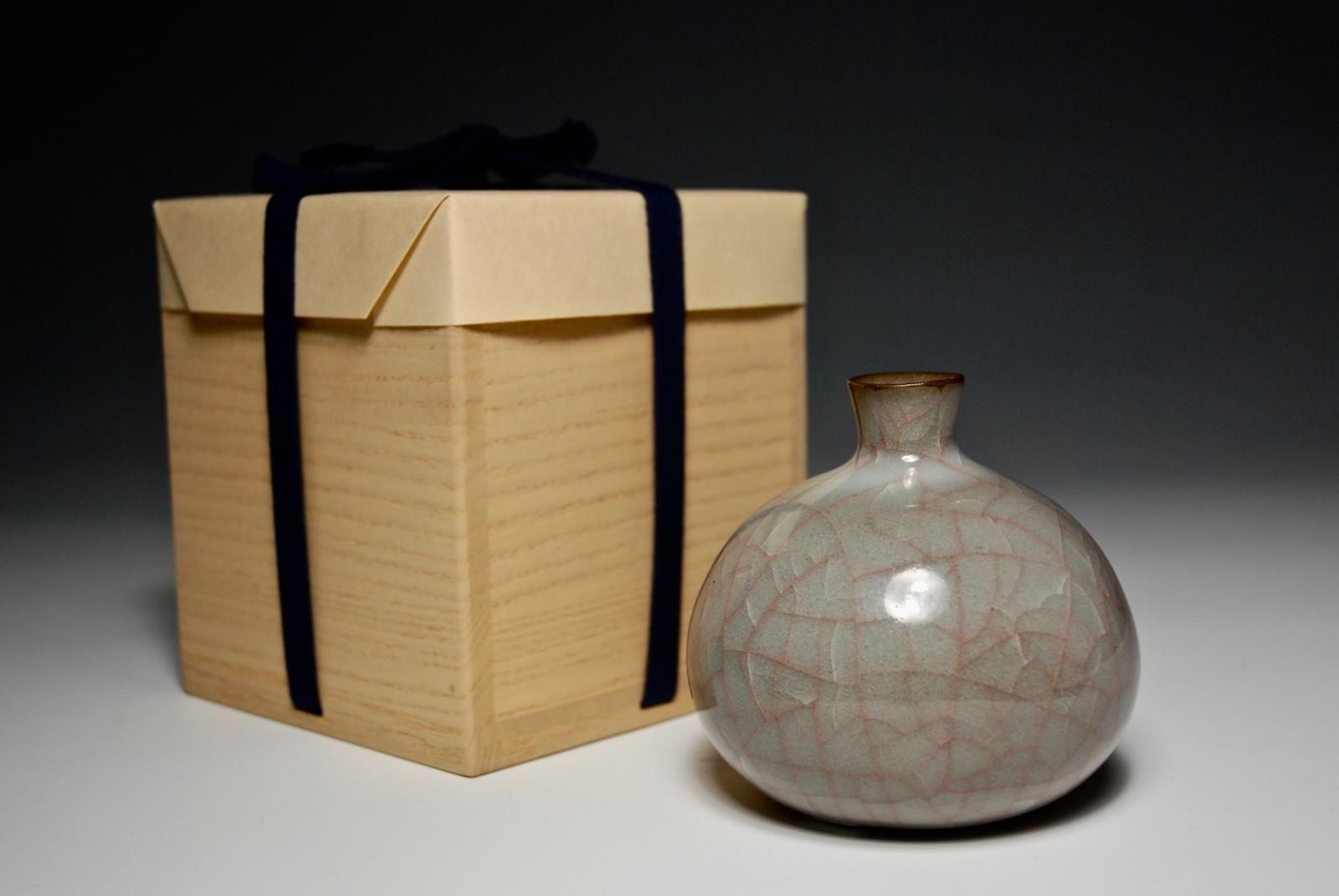 Tokkuri.  Anagama Wood Fired in a Saggar with Celadon Glaze,  Signed Wooden Box. by Akihiko Watanabe