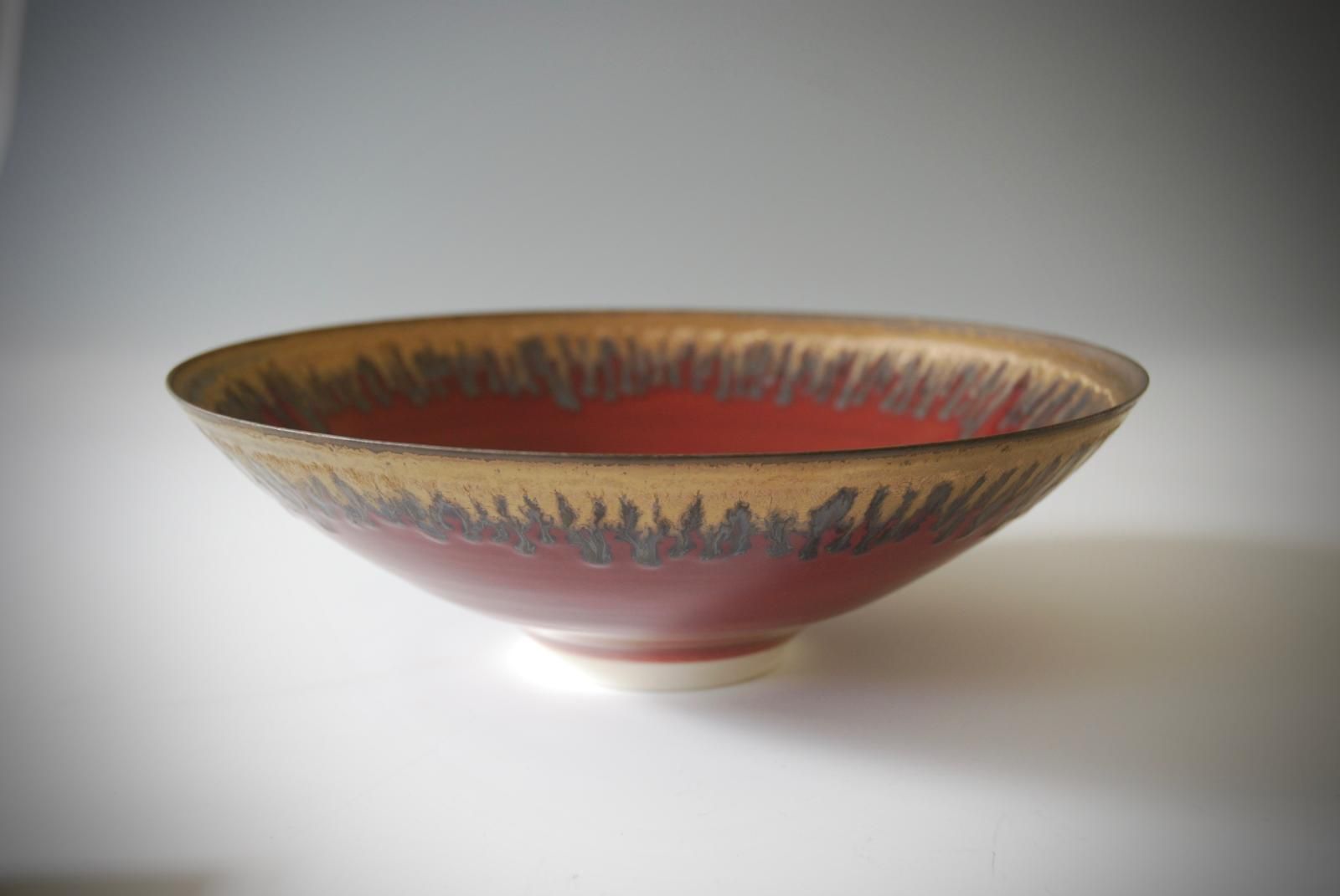 Large Deep Red and Bronze Porcelain Bowl by Peter Wills
