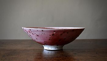Large River Grogged Shallow Dish with Copper Reds and Bronze Band by Peter Wills