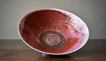 Large River Grogged Shallow Dish with Copper Reds and Bronze Band by Peter Wills