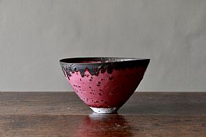Medium Conical Copper Red Bowl with Bronze Rim and River Grog Porcelain by Peter Wills
