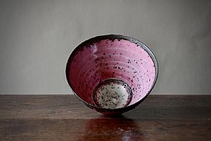 Medium Conical Copper Red Bowl with Bronze Rim and River Grog Porcelain by Peter Wills