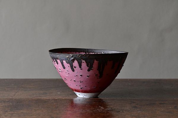 Peter Wills - Medium Conical Copper Red Bowl with Bronze Rim and River Gro...