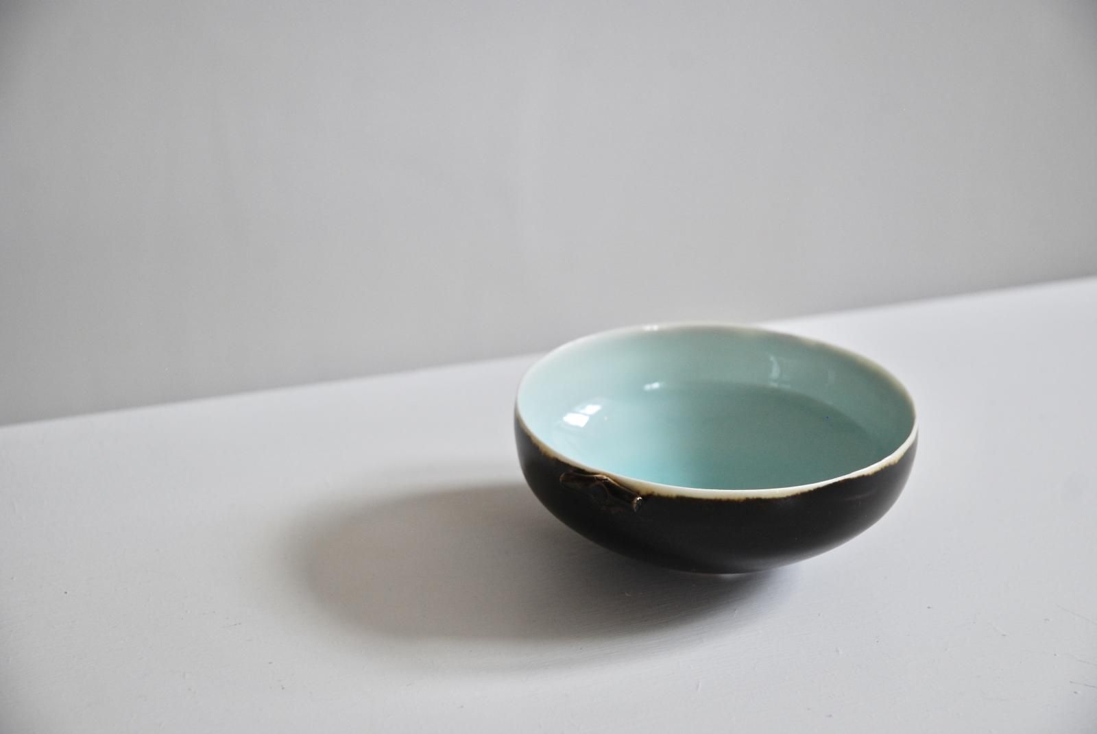 Small lugged bowl with tenmoku exterior & duck egg blue interior glaze by Peter Wills