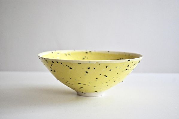 Peter Wills - Small river grogged porcelain bowl with yellow glaze and bro...
