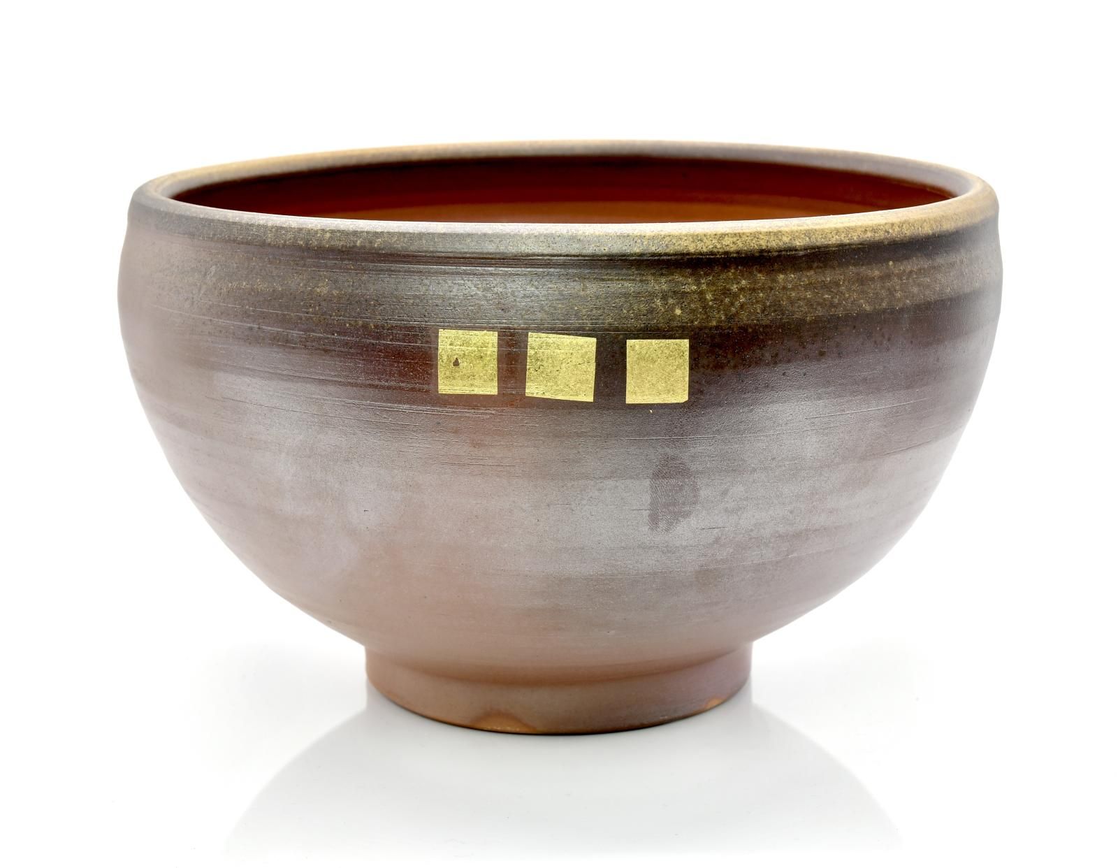 Bowl. unglazed, red collar overglaze and gold enamel, anagama fired by Yasuo Terada