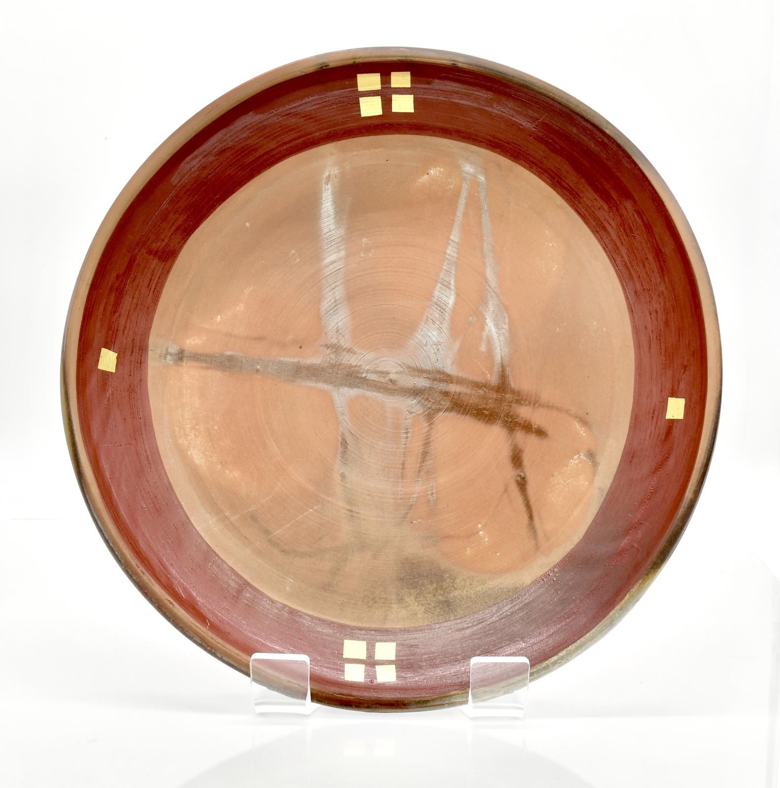 Plate, unglazed, red overglaze and gold enamel, anagama fired by Yasuo Terada