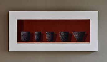 Five Black Bowls ( on dark red ) by Philip Lyons
