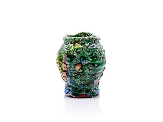 Kodai Ujiie - Small Oribe tsubo jar with vermillion and applied urushi lac...