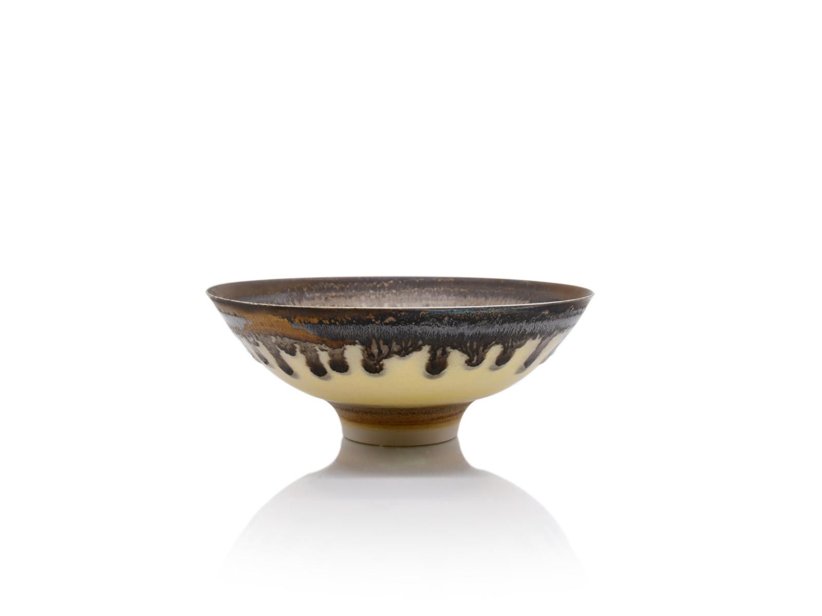 Small Cream Bowl with Ash Glaze Centre, Bronze Rim and Band by Peter Wills