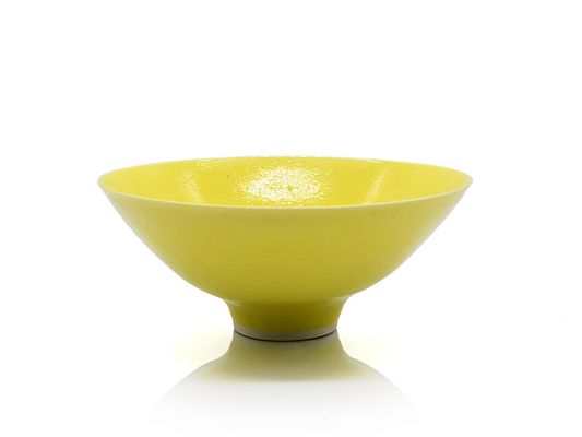 Peter Wills - Small Yellow Bowl with Bronze Band and Ash Glaze
