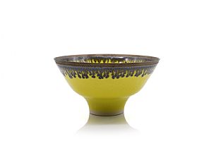 Small Yellow Bowl with Bronze Rim, Band and Ash Glaze by Peter Wills