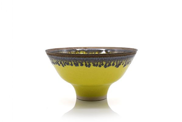 Peter Wills - Small Yellow Bowl with Bronze Rim, Band and Ash Glaze