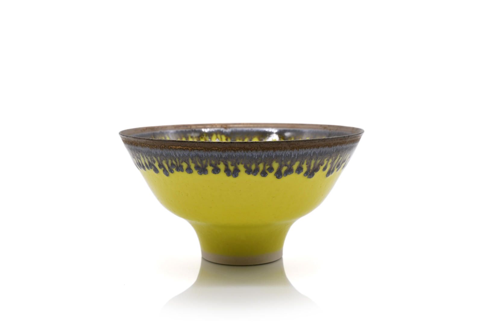 Small Yellow Bowl with Bronze Rim, Band and Ash Glaze by Peter Wills
