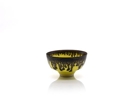 Peter Wills - Tiny Yellow Bowl with Bronze Rim, Band and Ash Glaze Centre