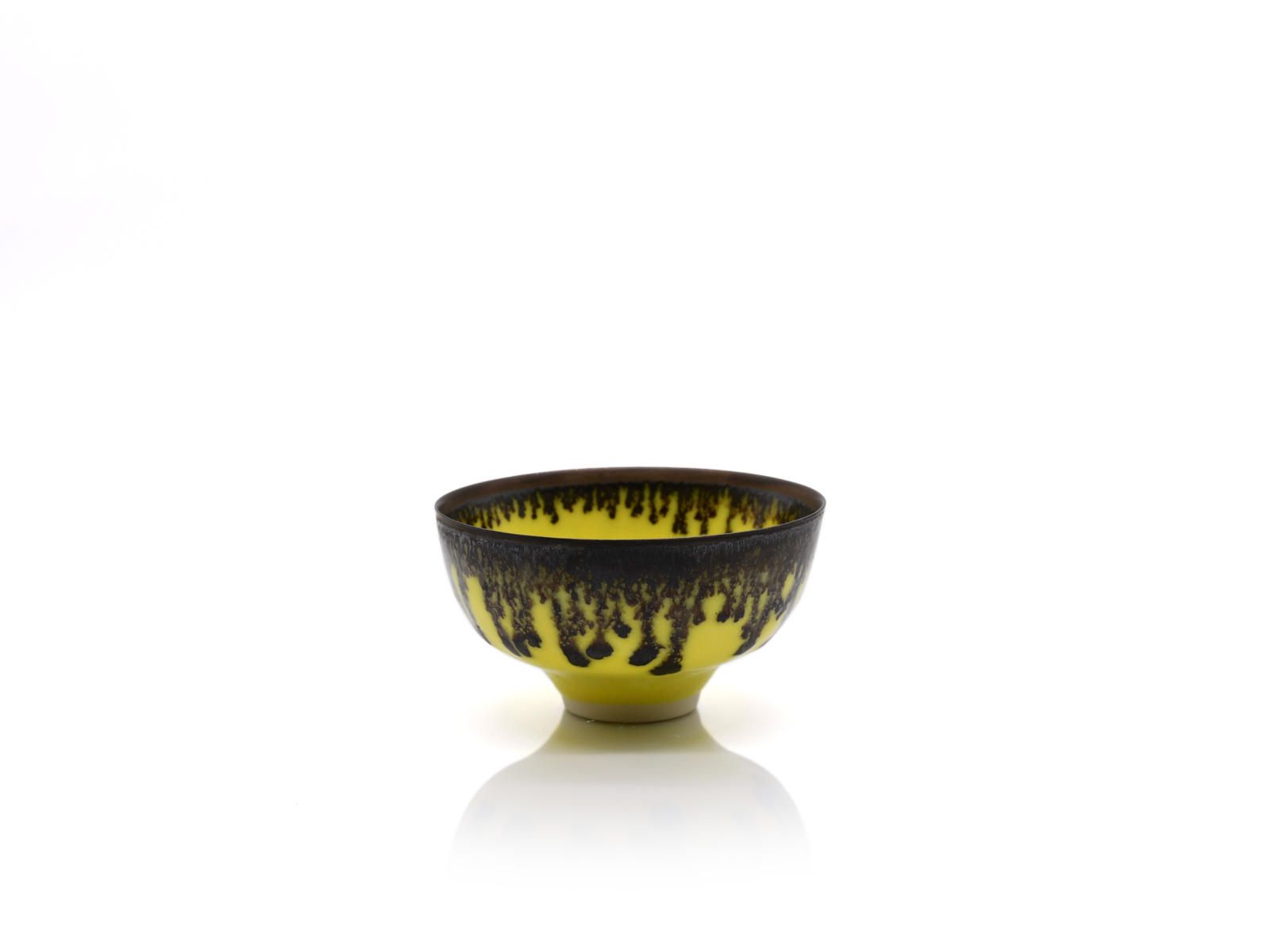 Tiny Yellow Bowl with Bronze Rim, Band and Ash Glaze Centre by Peter Wills