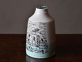 Mudlarking Bottle.  Porcelain with Glass bottle top found on the Thames foreshore.  Ceramic transfer fragment from the London Agas Map 1565 by Raewyn Harrison