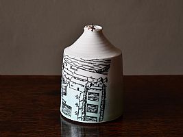 Mudlarking Bottle.  Porcelain with Pipe Stem and handmade pin found on the Thames foreshore.  Ceramic transfer fragments from the London Agas Map 1565 by Raewyn Harrison
