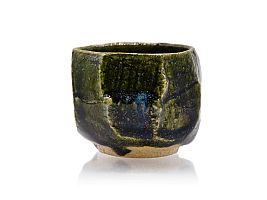 Carved green oribe guinomi by Yumiko Toda