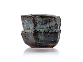 Hand carved oribe ash glaze guinomi by Yumiko Toda